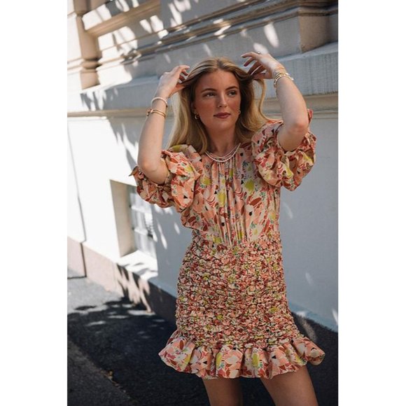 🆕 By TiMo Shirred Smocked Ruffle Crepe Satin Mini Dress Floral Medium - Picture 2 of 16